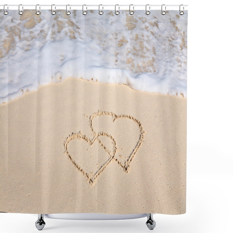 Personality  Two Hearts Drawn On The Beach Sand Shower Curtains