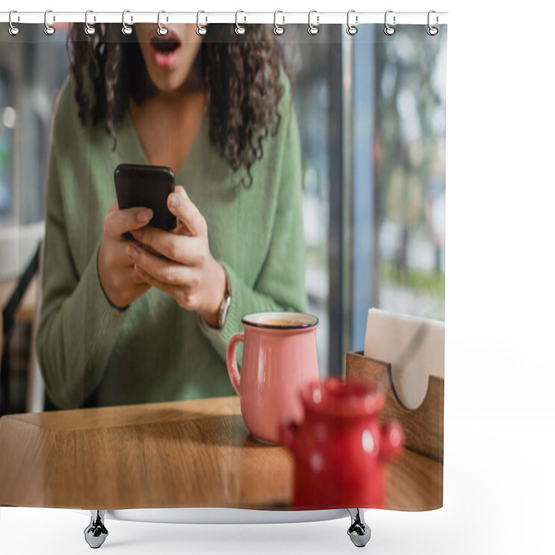 Personality  Cup Of Coffee Near Shocked African American Woman Texting On Smartphone On Blurred Foreground  Shower Curtains