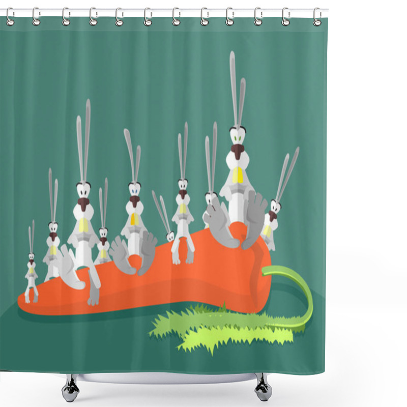 Personality  Rabbits And Carrots. Many Happy Hares Sit On Large Carrots. Vect Shower Curtains