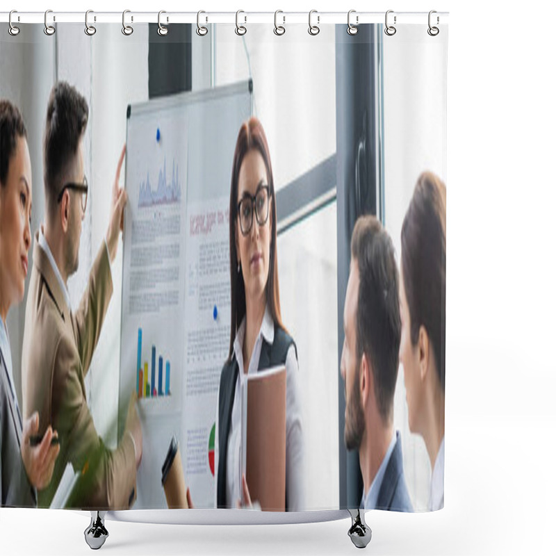 Personality  Businesswoman With Coffee And Papers Standing Near Multiethnic Colleagues And Flipchart, Banner  Shower Curtains