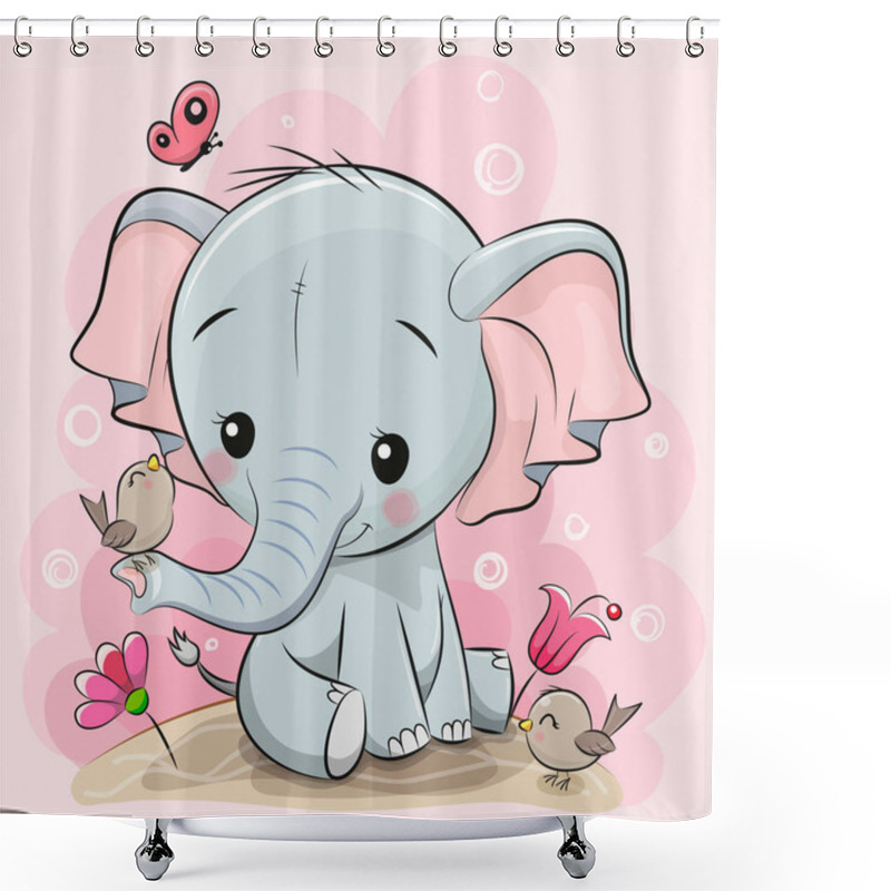 Personality  Cute Cartoon Elephant On A Meadow With Flowers And Butterflies Shower Curtains