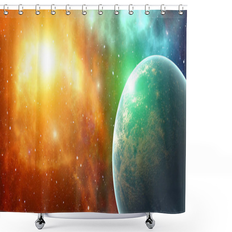 Personality  Fantasy Galactic Planets System Universe In Space. Future Science And Nature Concept. Galaxy And Alien Theme. Greenhouse Effect. Elements Of This Image Furnished By NASA. 3D Illustration Rendering Shower Curtains