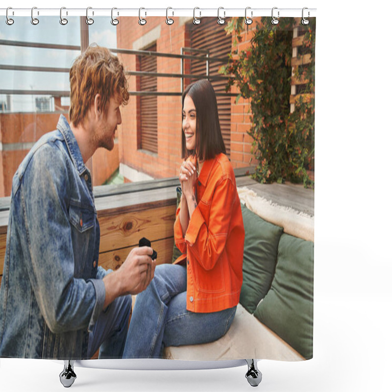 Personality  A Couple Enjoys A Special Moment As One Presents A Ring, Their Joy Illuminated By The Warm Glow Of The Setting Sun Shower Curtains