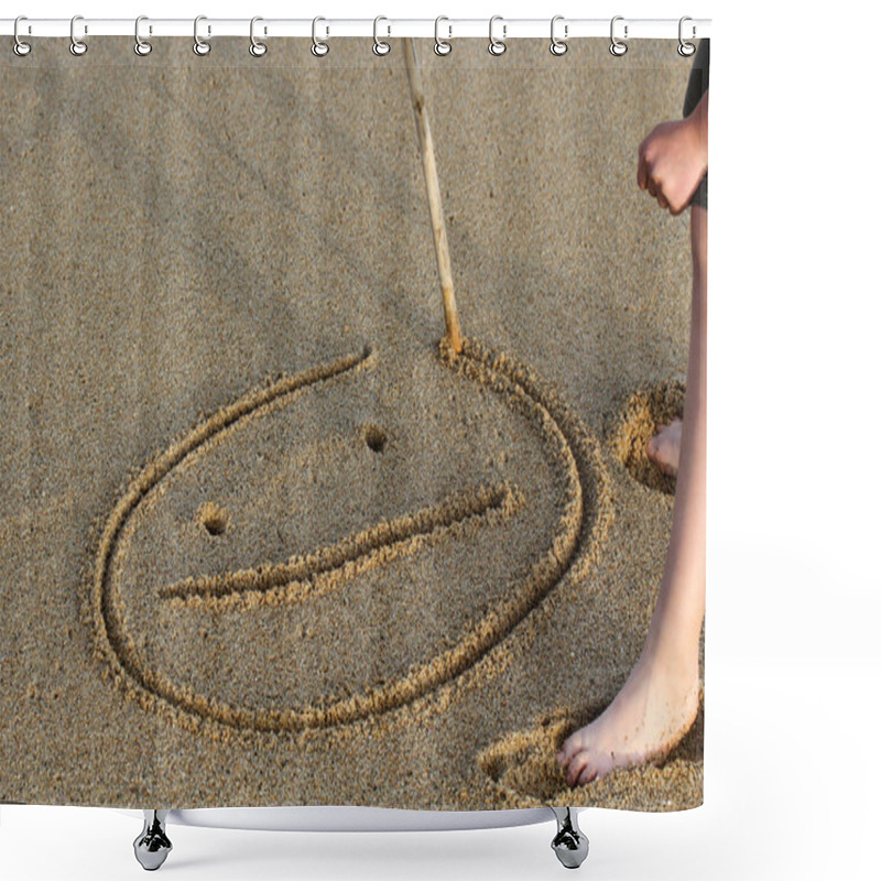 Personality  A Smiley Face Drawing On A Sand. Shower Curtains