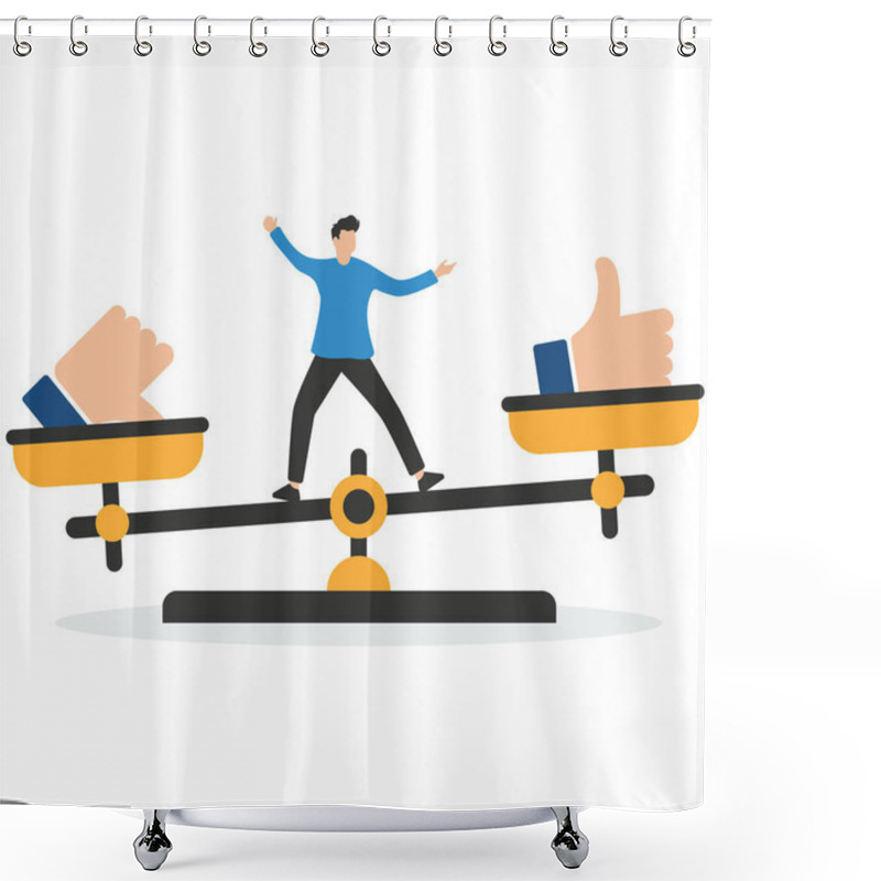 Personality  Businessman Balance On Seesaw With Thumb Up And Thumb Down, Demerit And Merit Evaluation, Advantage And Disadvantage In Comparison, Performance Assessment, Manager Evaluation, Judgment  Shower Curtains