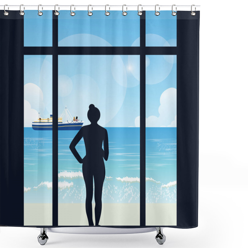 Personality  Silhouette Of Woman Standing Looking To Sea View With Boat From Her Apartment Big Window Shower Curtains