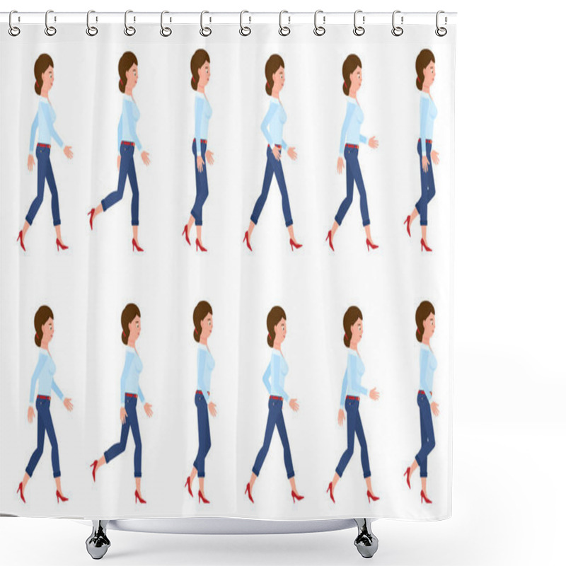 Personality  Young, Adult Woman In Jeans Walking Sequence Poses Vector Illustration. Moving Forward, Fast, Slow Going Person Cartoon Character Set On White Shower Curtains