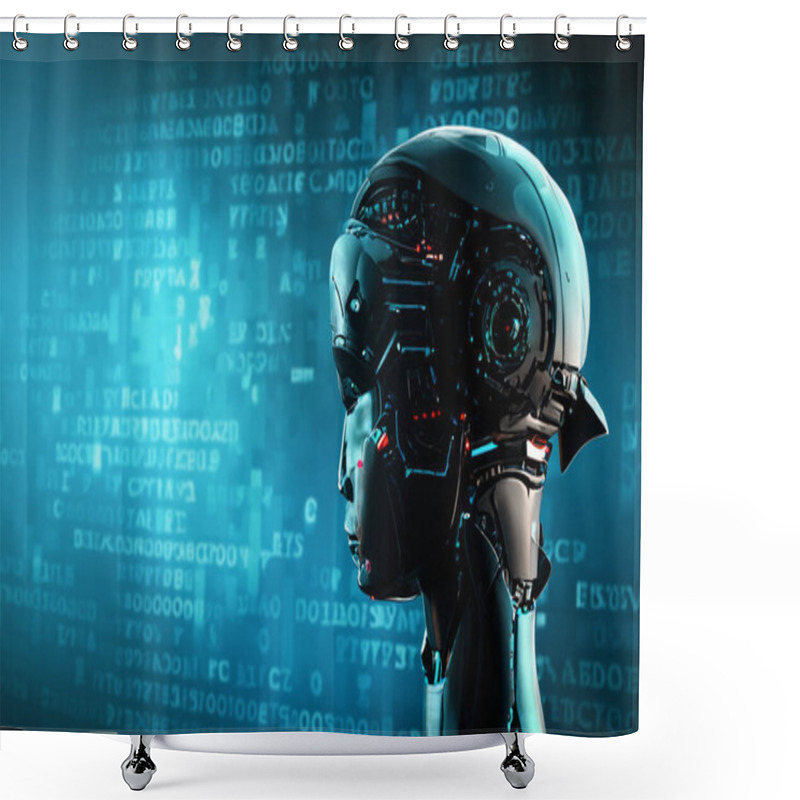 Personality  A Robot Head With A Futuristic Design, Symbolizing The Advanced Concept Of Artificial Intelligence And Digital Technology. The Image Portrays The Intersection Of Robotics And AI, Set Against A Backdrop Of Binary Code, Reflecting The Digital Nature Of Shower Curtains