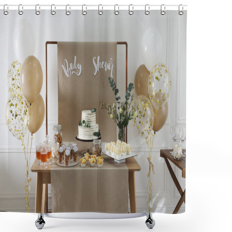 Personality  Beautiful Cake And Other Treats On Table In Room. Baby Shower Party Shower Curtains