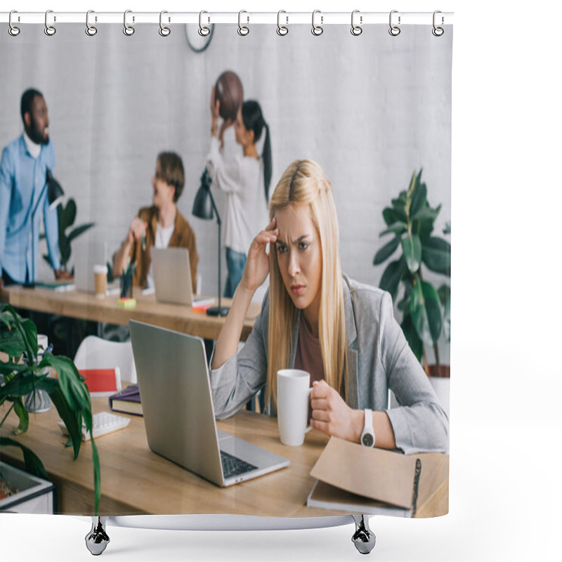 Personality  Frustrated Businesswoman With Coffee Mug Watching On Laptop Screen And Colleagues With Ball Behind  Shower Curtains