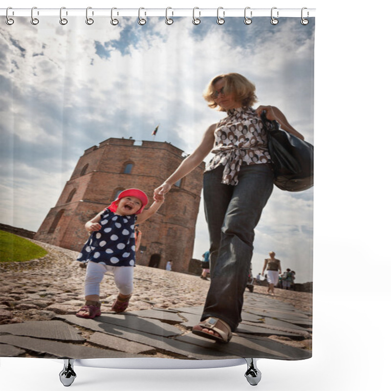 Personality  Mother And Baby Walking In Old City Shower Curtains