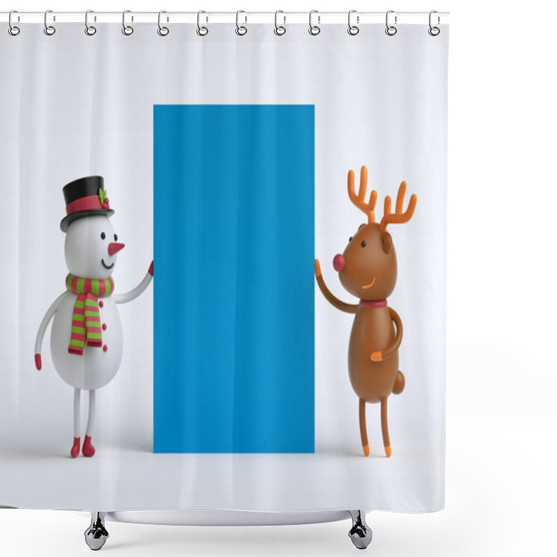 Personality   Snowman And Deer Holding Blue Poster Shower Curtains