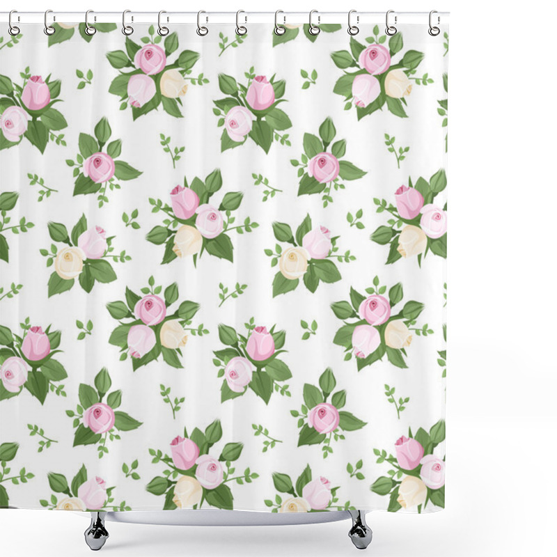 Personality  Vector Seamless Pattern With Rose Buds And Leaves On White. Shower Curtains