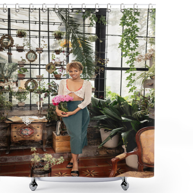 Personality  Full Length Of Stylish Young African American Woman In Summer Outfit Holding Vase With Pink Roses And Smiling While Standing In Modern Garden Center, Trendy Woman With Tropical Flair Shower Curtains