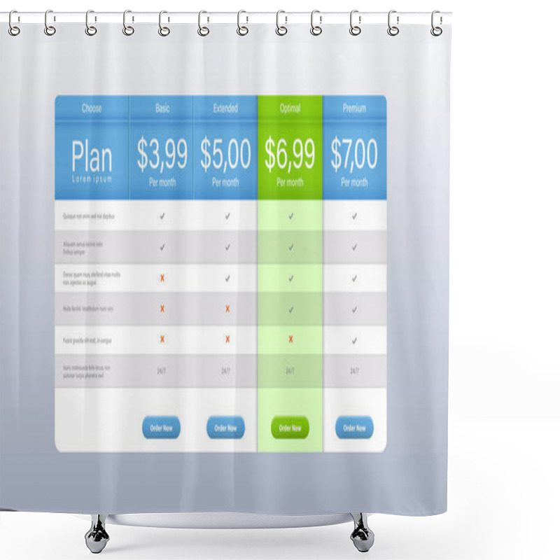 Personality  Pricing Table For Website. Vector Template Shower Curtains