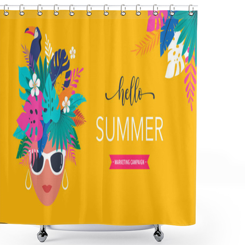 Personality  Summer Time Fun Concept Design. Creative Background Womans Head, Jungle Leaves And Toucan. Summer Sale, Post Template Shower Curtains