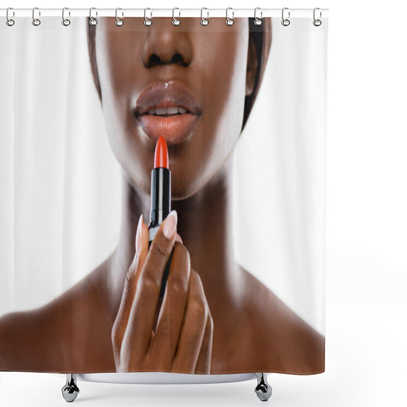 Personality  Cropped View Of African American Naked Woman Applying Lipstick Isolated On White Shower Curtains