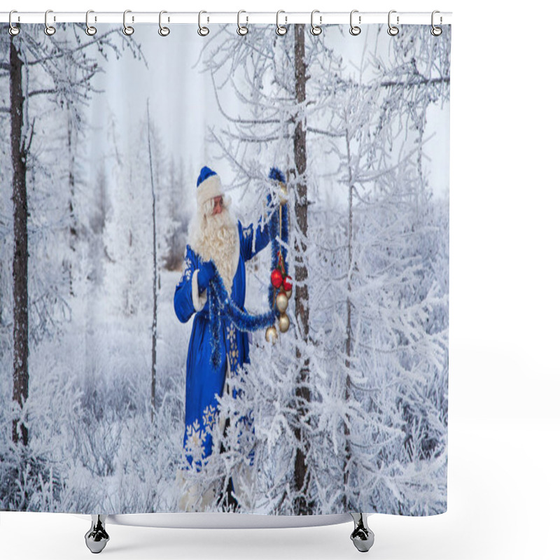 Personality  Christmas Theme, Sales, Happy  Santa Claus In A Snowy Forest, Santa On The Background Of A Winter Forest, Russian Santa Claus (Grandfather Frost) Is Sitting Near The Christmas Tree, Shower Curtains