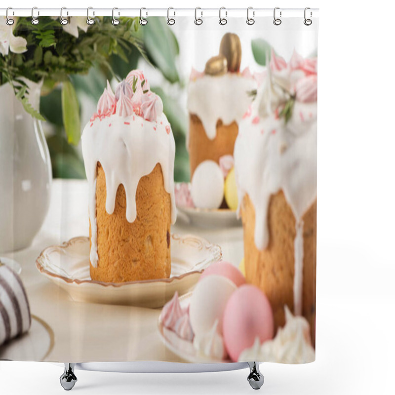 Personality  Selective Focus Of Easter Cakes With White Glaze And Meringue On Table Shower Curtains