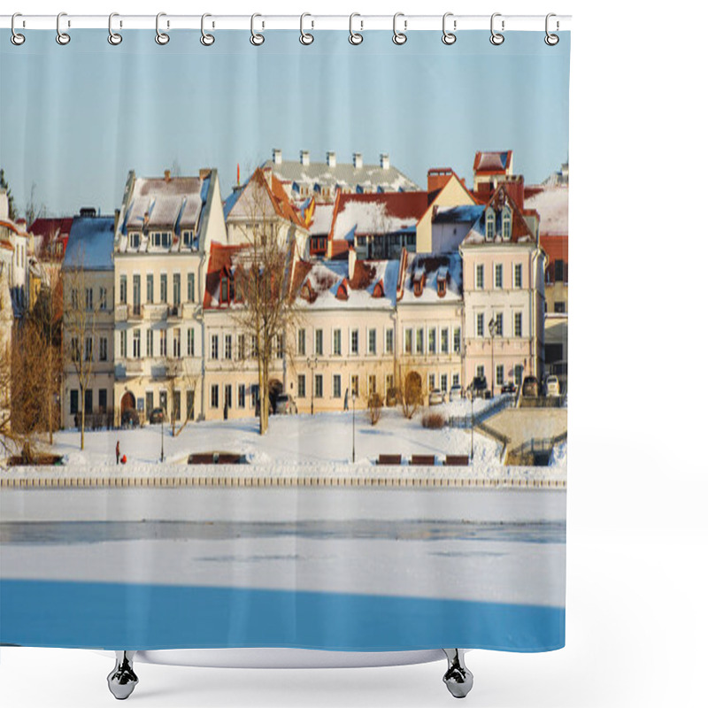 Personality  Panoramic View Of Old Building In Historical Center Of Minsk. Historical Building Near The Frozen River. Winter Daytime In The Trinity Suburb In Minsk. Heritage Concepts. Shower Curtains