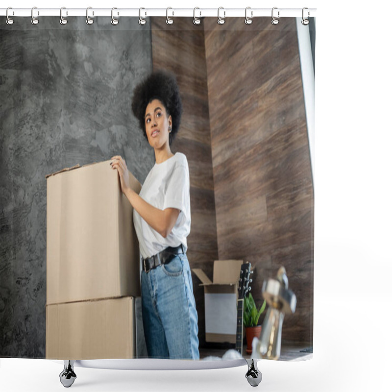 Personality  African American Woman Standing Near Cardboard Boxes In Living Room In New House Shower Curtains