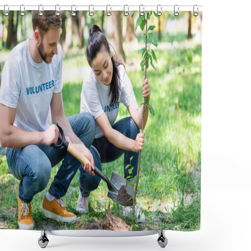 Personality  Couple Of Volunteers Planting New Tree With Shovel Shower Curtains