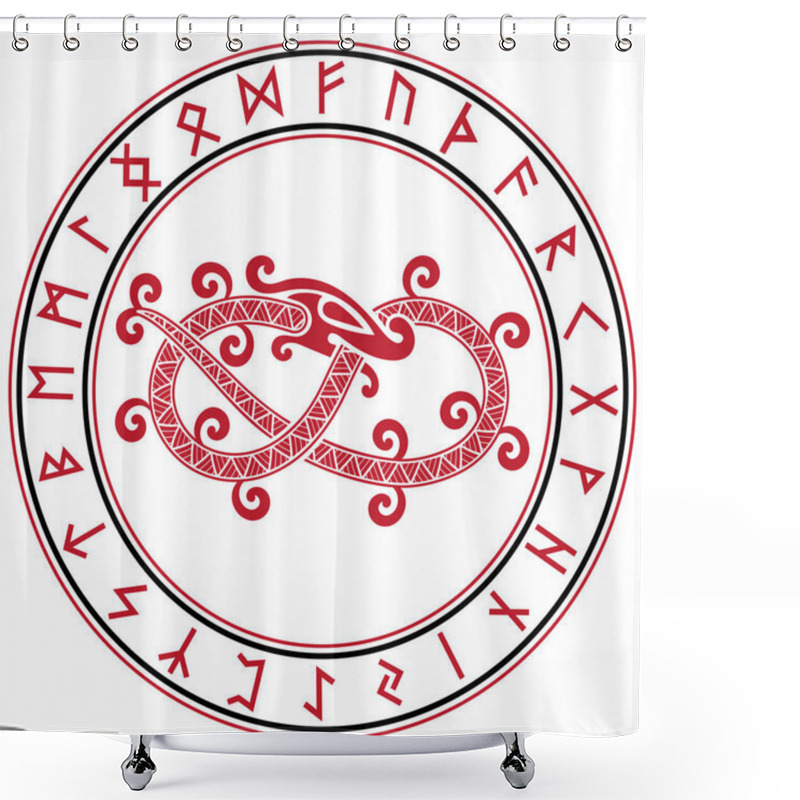 Personality  Scandinavian Design. The Mythical Serpent Jormungand And A Circle Of Ancient Scandinavian Rune Symbols Shower Curtains