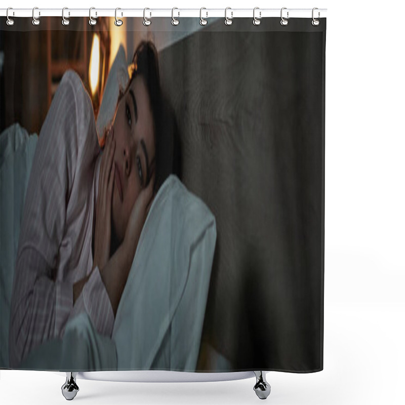 Personality  A Woman Lies In Bed, Lost In Thought, Battling The Weight Of Her Emotions In A Quiet Room. Shower Curtains