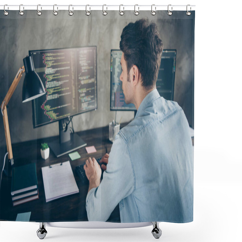 Personality  Rear Back Behind View Portrait Of His He Nice Attractive Focused Geek Guy Typing Css Analyzing Cyberspace Security Building At Modern Industrial Interior Style Concrete Wall Work Place Station Shower Curtains