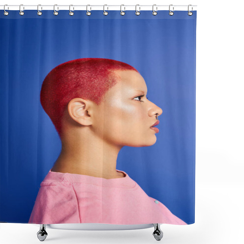 Personality  A Young Woman Confidently Displays Her Unique Style With Short Pink Hair And A Bold Nose Piercing In A Studio. Shower Curtains