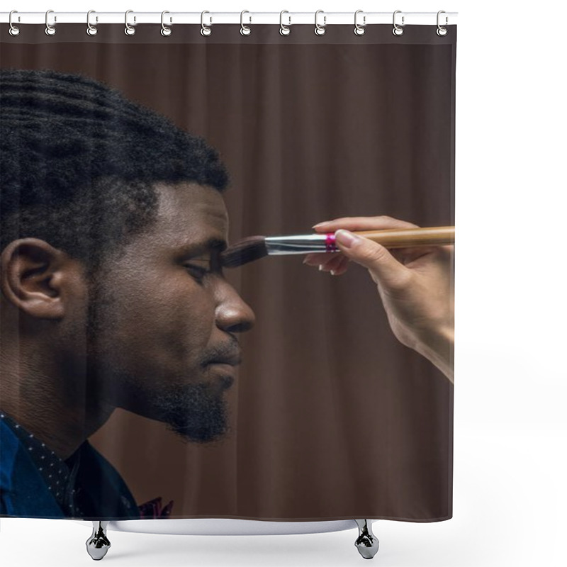 Personality  Cropped Image Of Woman Applying Foundation Powder With Makeup Brush On African American Man Face Isolated On Brown Shower Curtains