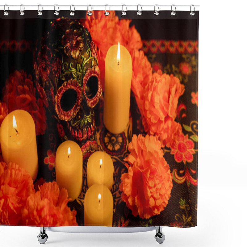 Personality  Close-up Of A Skull Decorated With Metallic Floral Accents, Encircled By Orange Marigold Flowers. Five Candles Light The Scene, With A Day Of The Dead Motif Tablecloth And A Black Background Enhancing The Festive Atmosphere. Shower Curtains