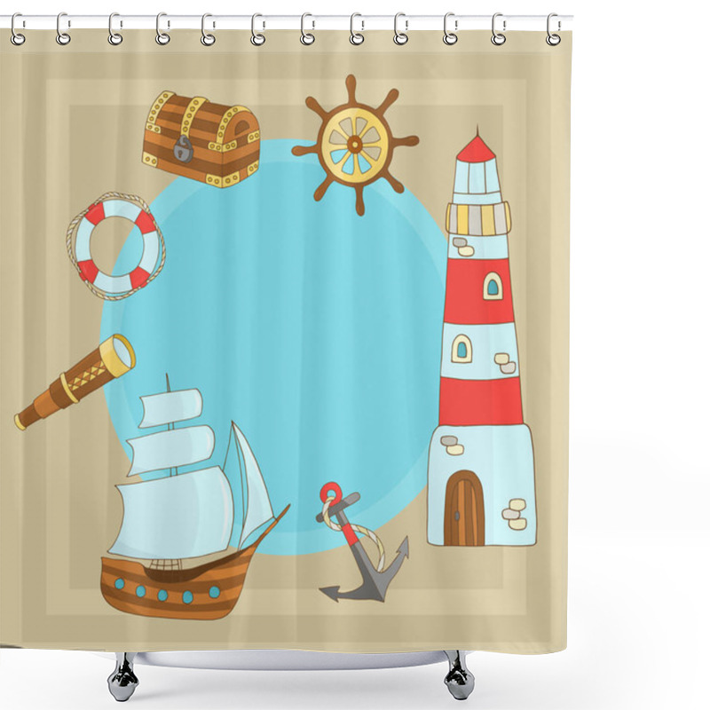 Personality  Vector Frame Of Hand-drawn Marine Themes: Ship, Lighthouse, Steering Wheel, Chest, Sea Turtle, Anchor, Lifebuoy, Telescope, For The Design Of Postcards, Books, Covers, Packages, And Textile Prints Shower Curtains