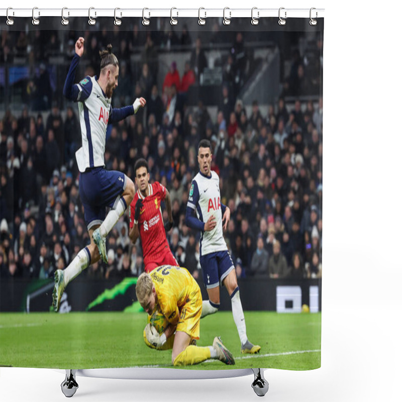 Personality  Antonin Kinsky Of Tottenham Hotspur Collects The Ball At The Feet Of Radu Drguin Of Tottenham Hotspur During The Carabao Cup Semi-Finals First Leg Tottenham Hotspur Vs Liverpool At Tottenham Hotspur Stadium, London, United Kingdom, 8th January 2025 Shower Curtains