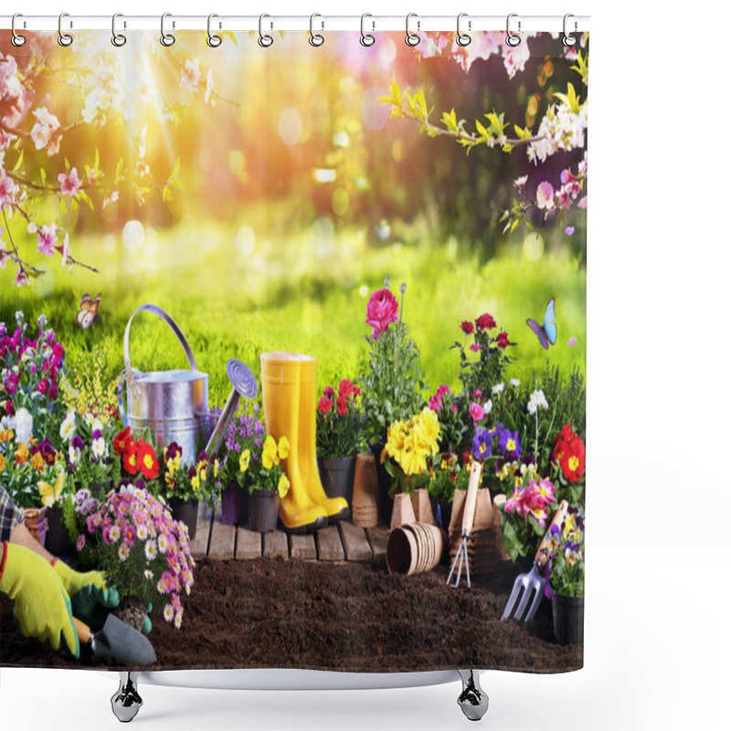 Personality  Spring Gardening Flowerpots An Equipment In Sunny Garden Shower Curtains