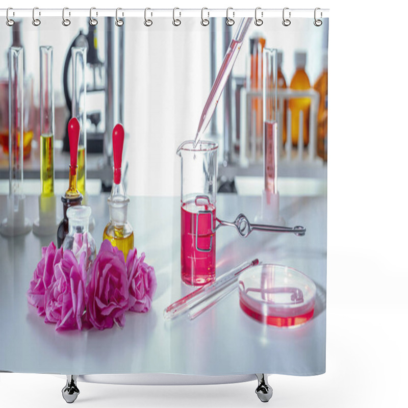 Personality  Cropped View Of Pipette With Drop Over Test Tube In Up-to-date Perfume Laboratory. Background Blurred Shower Curtains