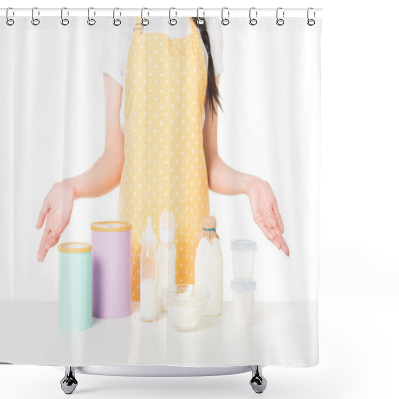 Personality  Cropped Shot Of Woman In Apron With Wide Arms Standing At Table With Children Food And Milk Isolated On White Background  Shower Curtains