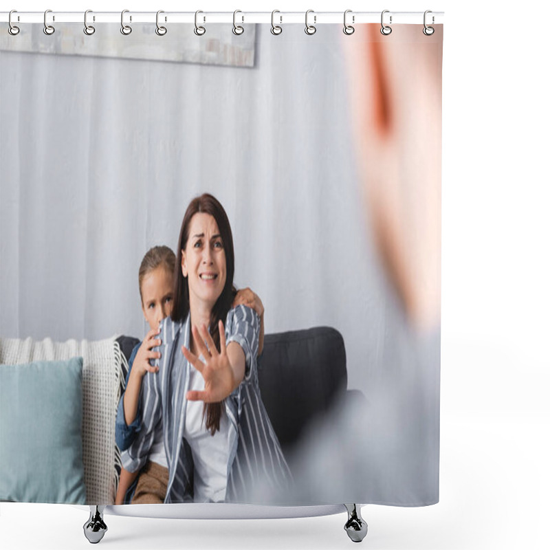 Personality  Scared Woman Showing Stop Gesture Near Child And Abusive Husband On Blurred Foreground  Shower Curtains