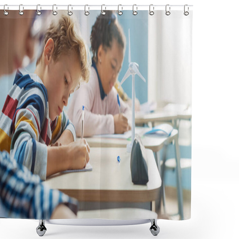 Personality  In Elementary School Classroom Brilliant Caucasian Boy Writes In Exercise Notebook, Taking Test And Writing Exam. Junior Classroom With Group Of Children Working Diligently And Learning New Stuff Shower Curtains