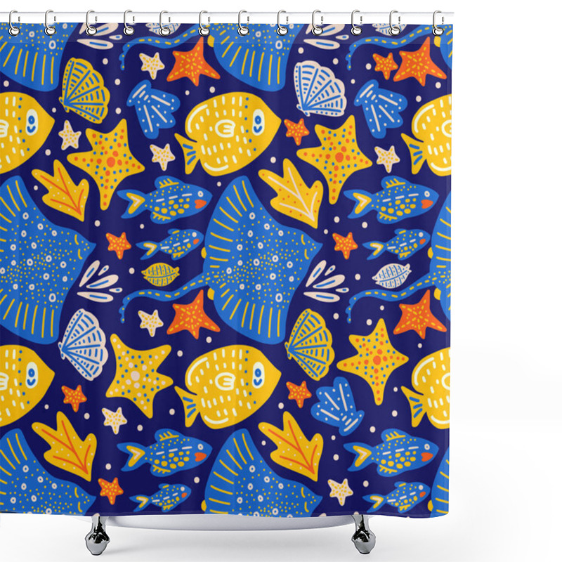 Personality  Fish Stingray Summer Seamless Vector Pattern. Kid Cartoon Cute Background. Shower Curtains