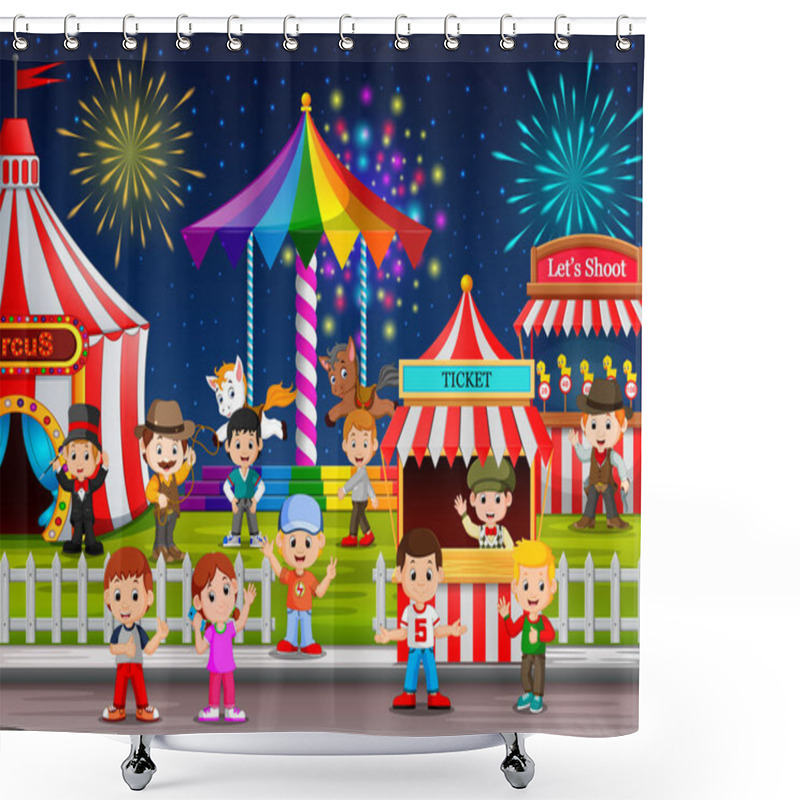 Personality  Many Childrens And People Worker Having Fun In Amusement Park At Night Shower Curtains