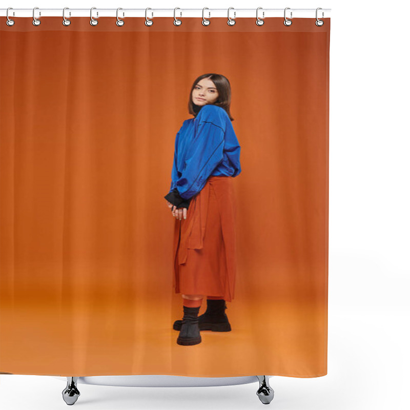 Personality  Autumn Fashion, Beautiful Woman In Skirt, Blue Sweatshirt And Boots Standing On Orange Backdrop Shower Curtains