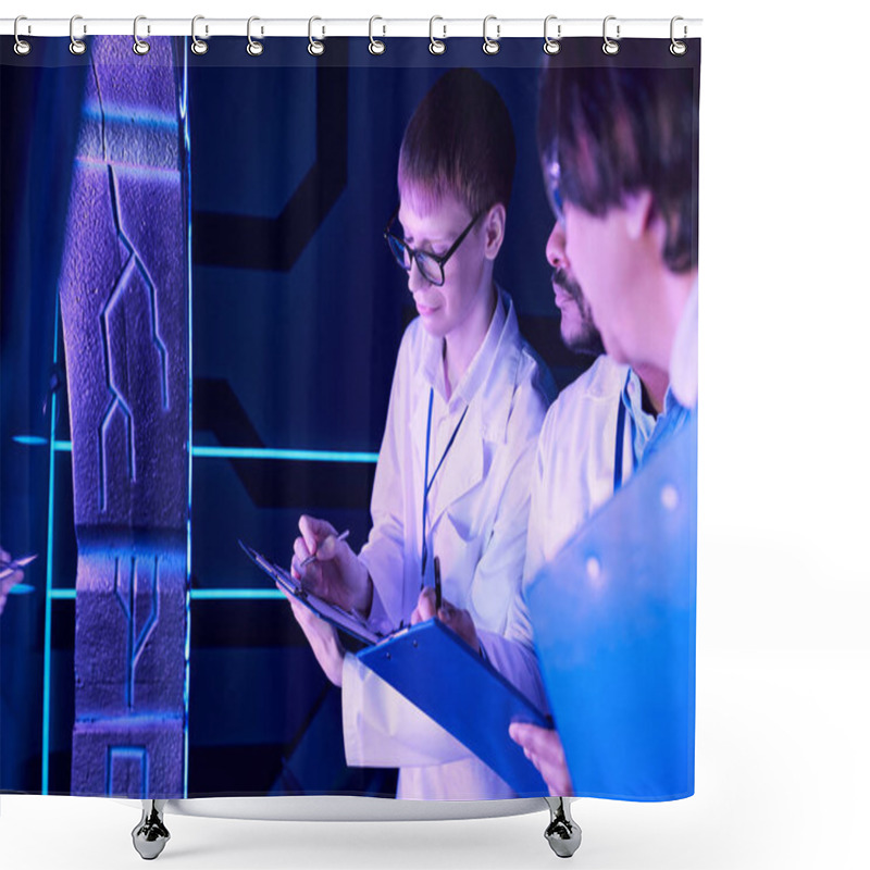 Personality  Futuristic Collaboration: Diverse-Age Scientists Work Near Device In Neon-Lit Science Center Shower Curtains