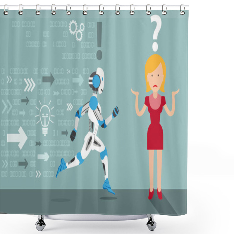 Personality  Cartoon Woman Running Robot Data Arrows Shower Curtains