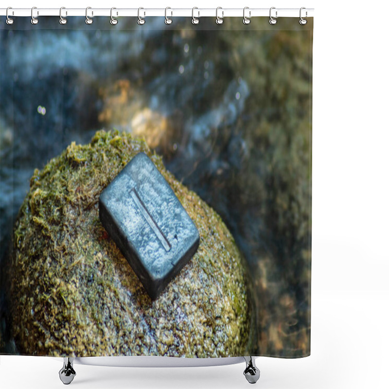 Personality  Norse Rune Isa On The Stone And The Evening River Background. Calmness, Stability Or Delay, Stagnation. Shower Curtains