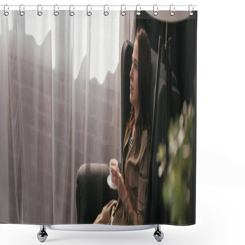 Personality  Panoramic Shot Of Beautiful Woman Holding Coffee Cup While Sitting In Armchair At Home Shower Curtains