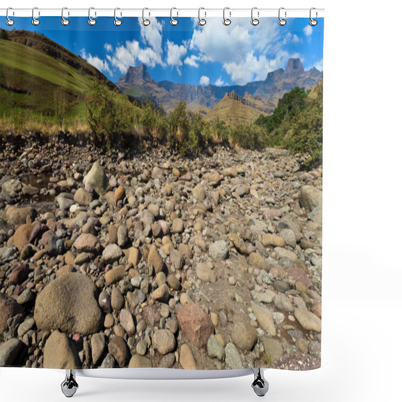 Personality  Dry Riverbed With Mountains In The Background Shower Curtains