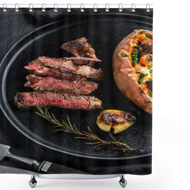 Personality  Rib Eye Steak Garnished With Baked Sweet Potato. Grilled Beef. Organic Farm Meat. Black Background Shower Curtains