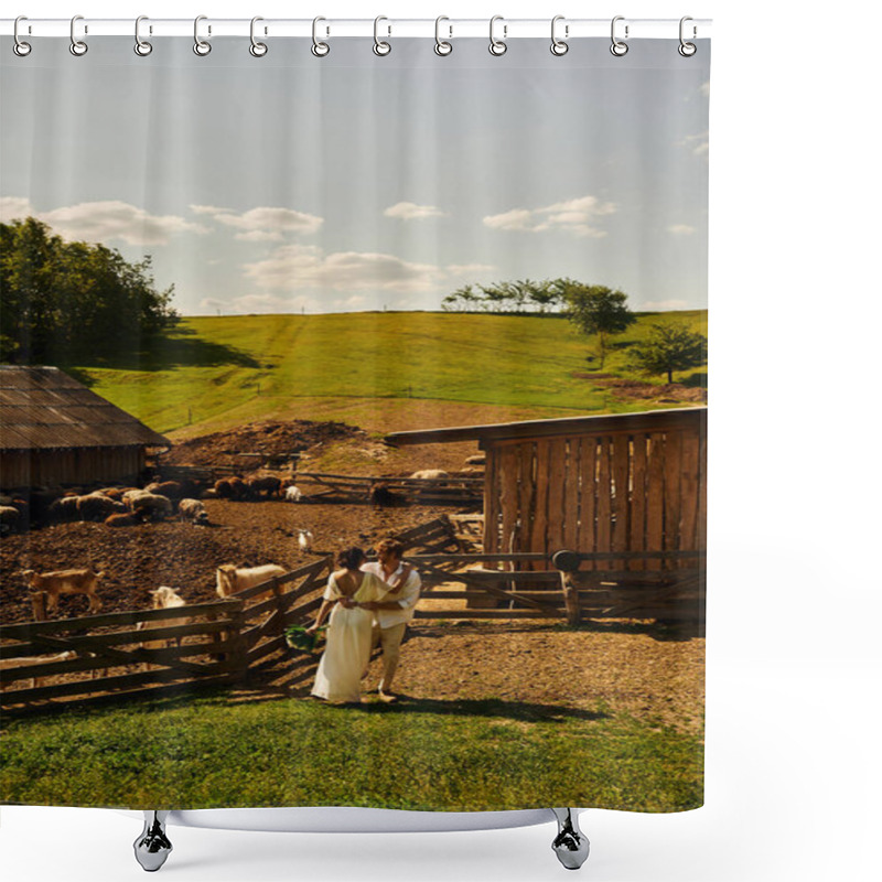 Personality  Rustic Wedding In Boho Style, Happy Groom Embracing  Asian Bride And Standing Near Livestock In Farm Shower Curtains