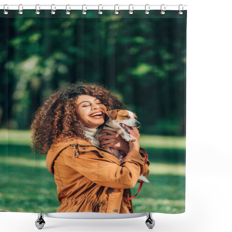 Personality  Young Woman In Raincoat Hugging Jack Russell Terrier In Park  Shower Curtains